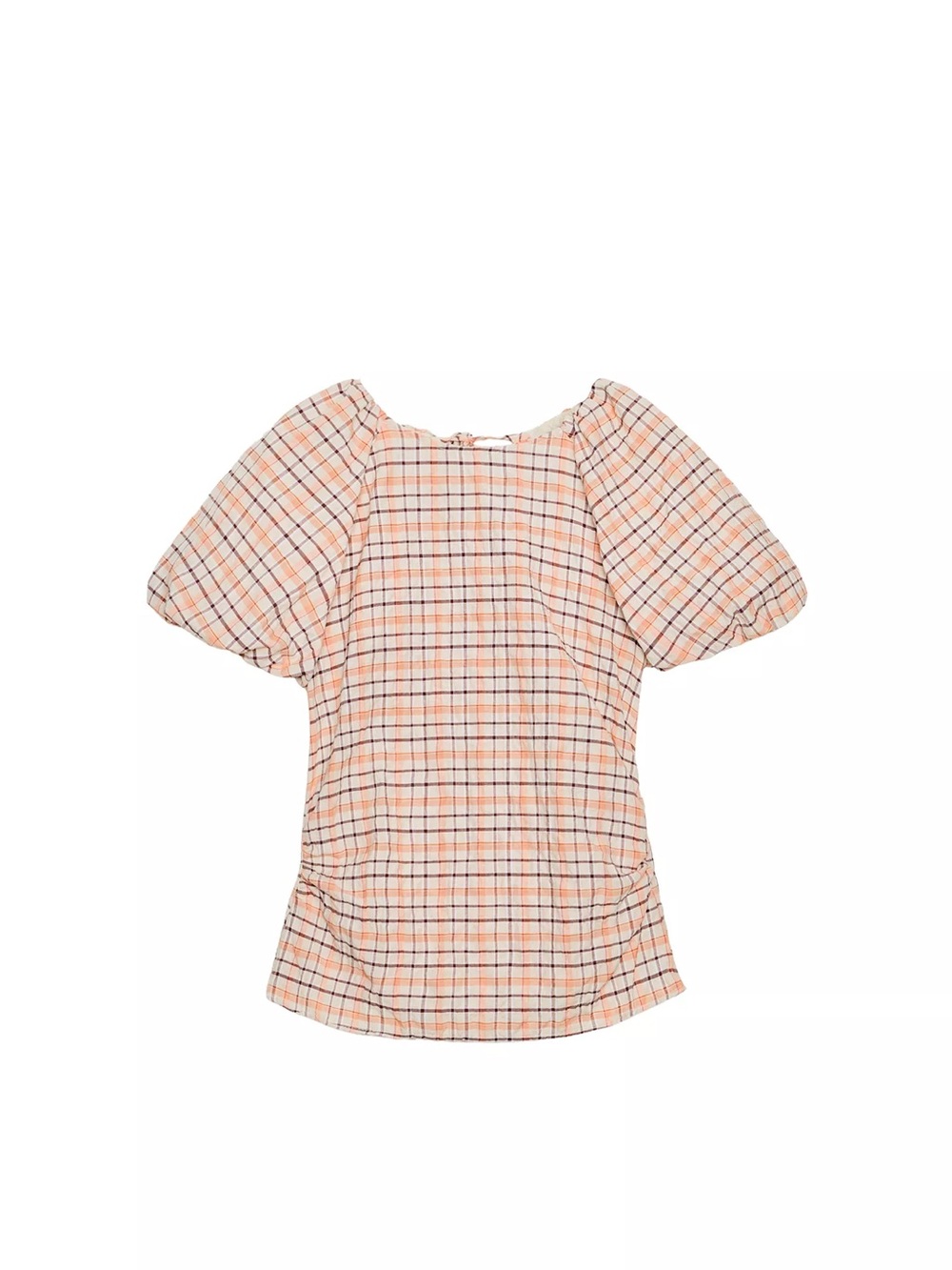 Zara Peach and Cream Plaid Puff-Sleeve Blouse